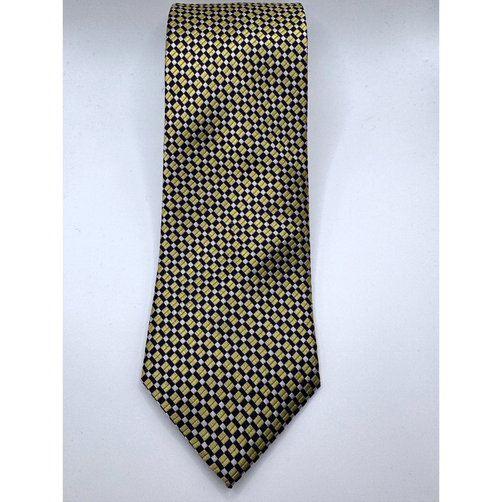 IZOD Mens Silk Necktie Gold Navy Blue Silver Geometric Checkered Woven‎ Tie